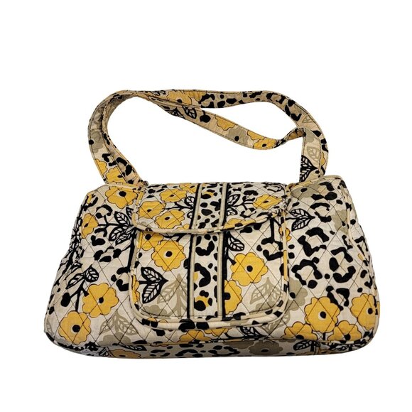 Vera Bradley “Go Wild” Quilted Shoulder Bag Yellow Floral Leopard Print Zip Tote - Picture 6 of 16